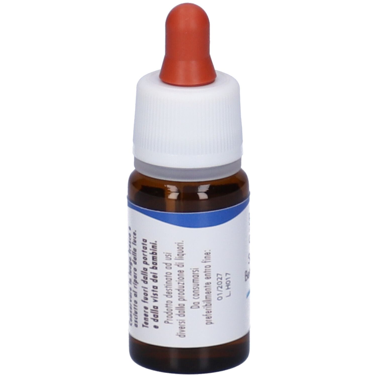 Flacone di vetro marrone con contagocce. Scritta sull'etichetta. Nome del prodotto illeggibile. Tappo rosso.