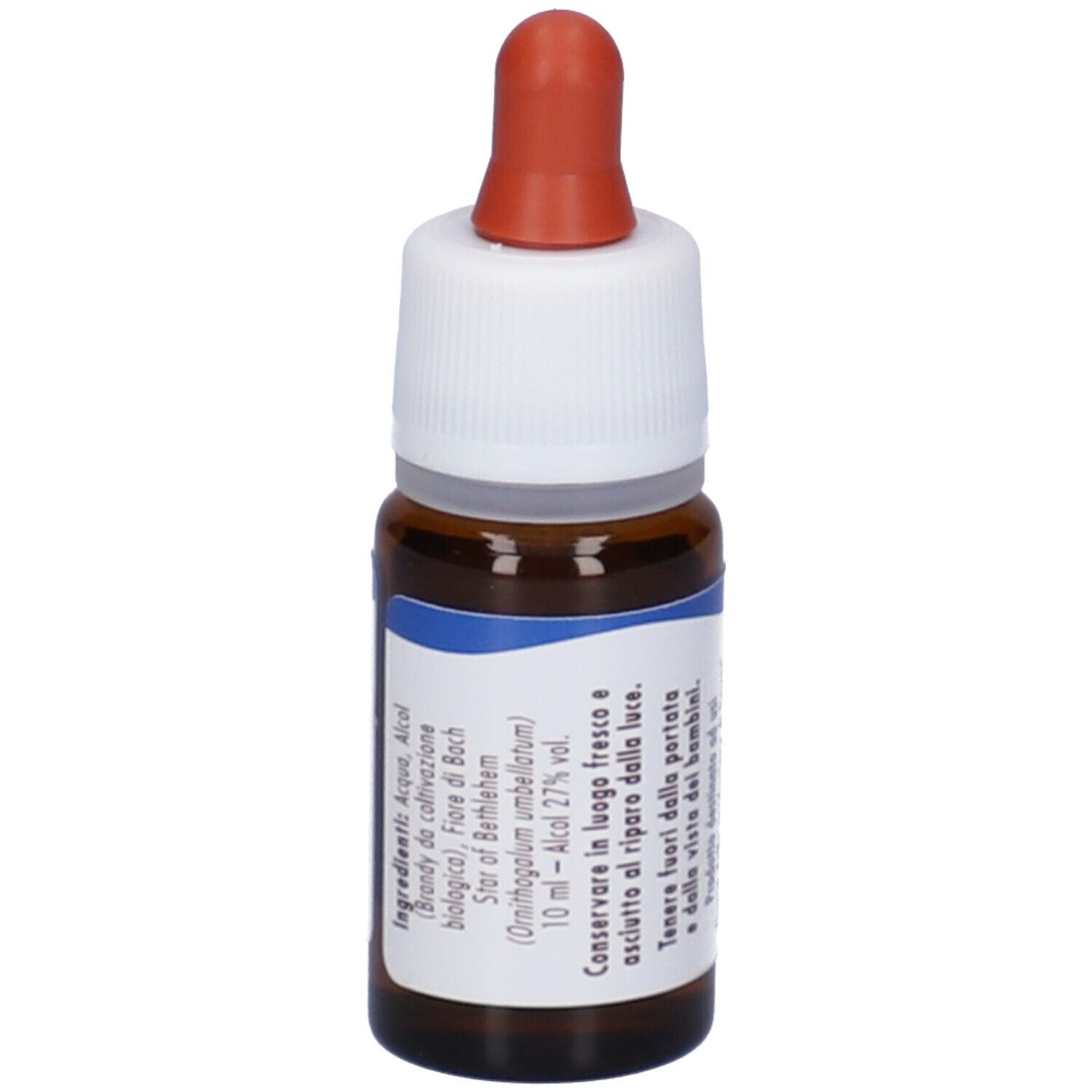 Flacone di vetro marrone con contagocce. Scritta sull'etichetta. Nome del prodotto illeggibile. Tappo rosso.