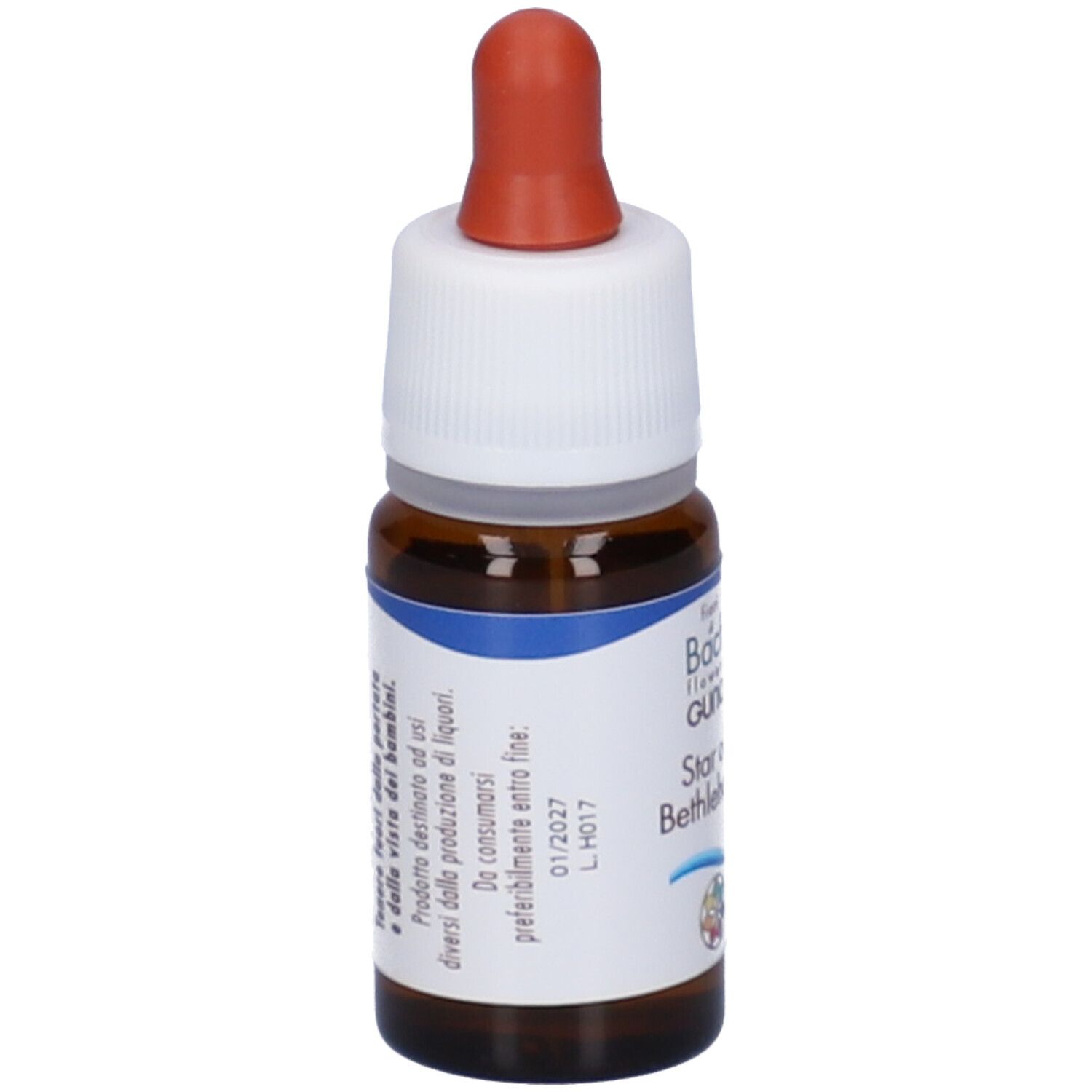 Flacone di vetro marrone con contagocce. Scritta sull'etichetta. Nome del prodotto illeggibile. Tappo rosso.