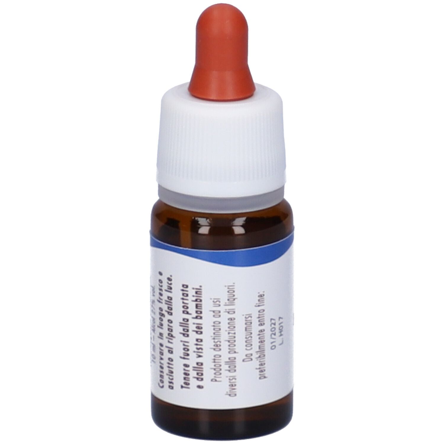 Flacone di vetro marrone con contagocce. Scritta sull'etichetta. Nome del prodotto illeggibile. Tappo rosso.