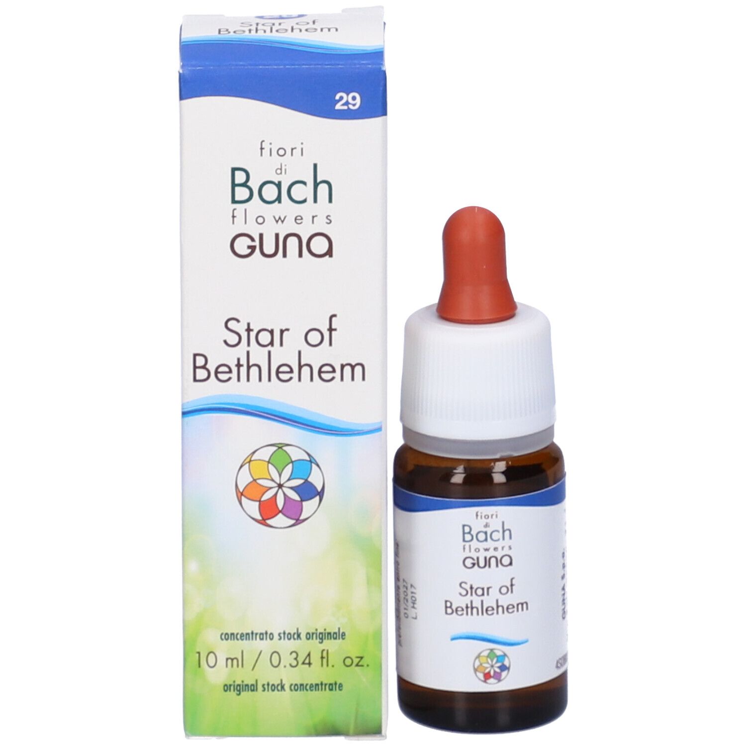 Scatola e flacone con contagocce. Scritta: fiori di Bach flowers GUNA Star of Bethlehem. 10 ml.