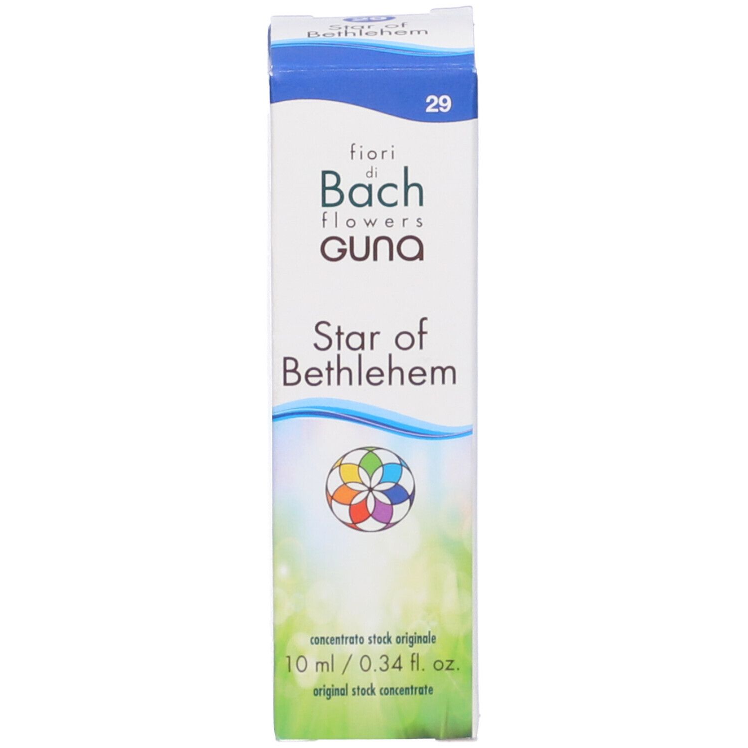 Scatola con stampa del prodotto. Scritta: fiori di Bach flowers GUNA Star of Bethlehem. 10 ml.