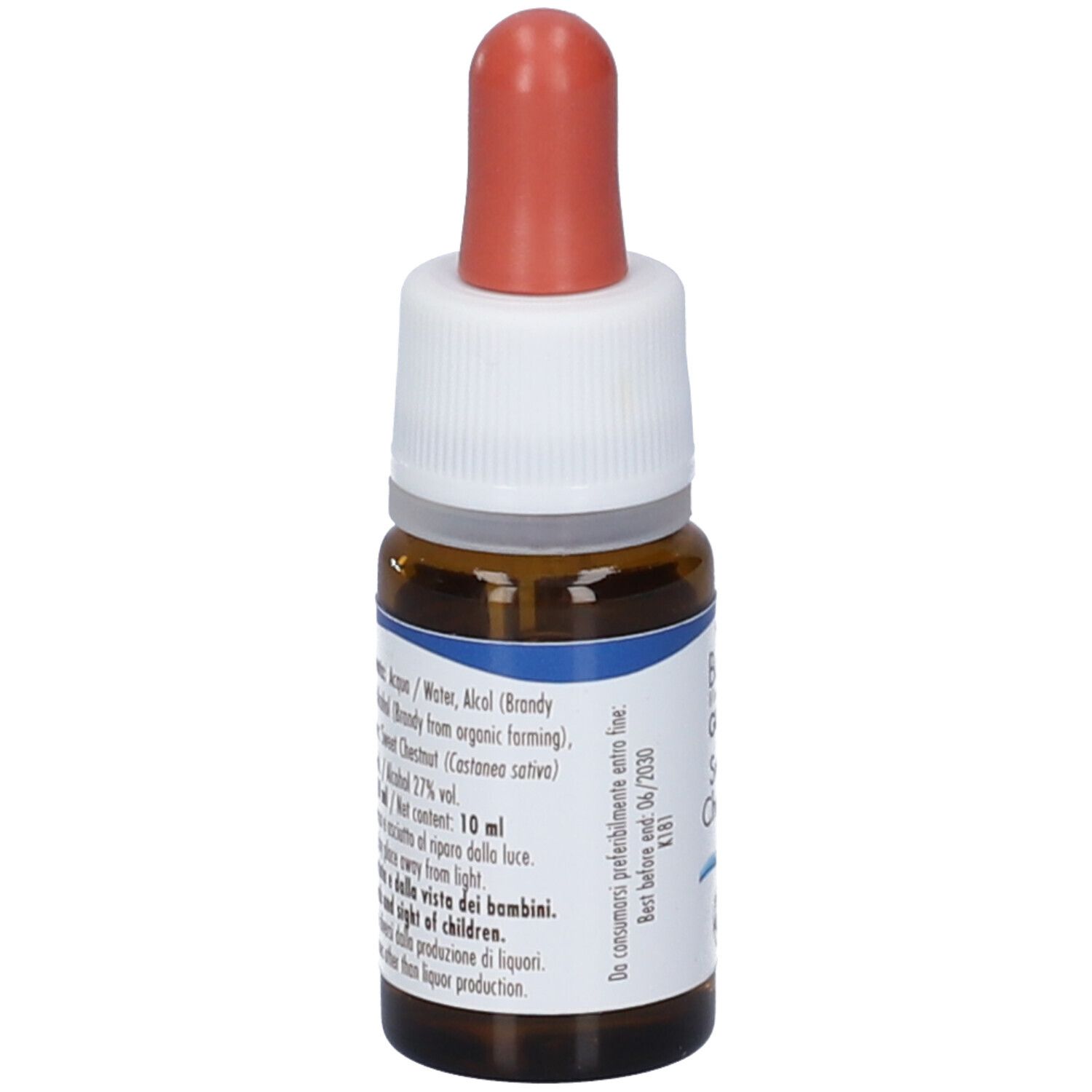 Flacone di vetro marrone con tappo bianco e contagocce rosso. Etichetta con ingredienti e data di scadenza. Guna Sweet Chestnut.