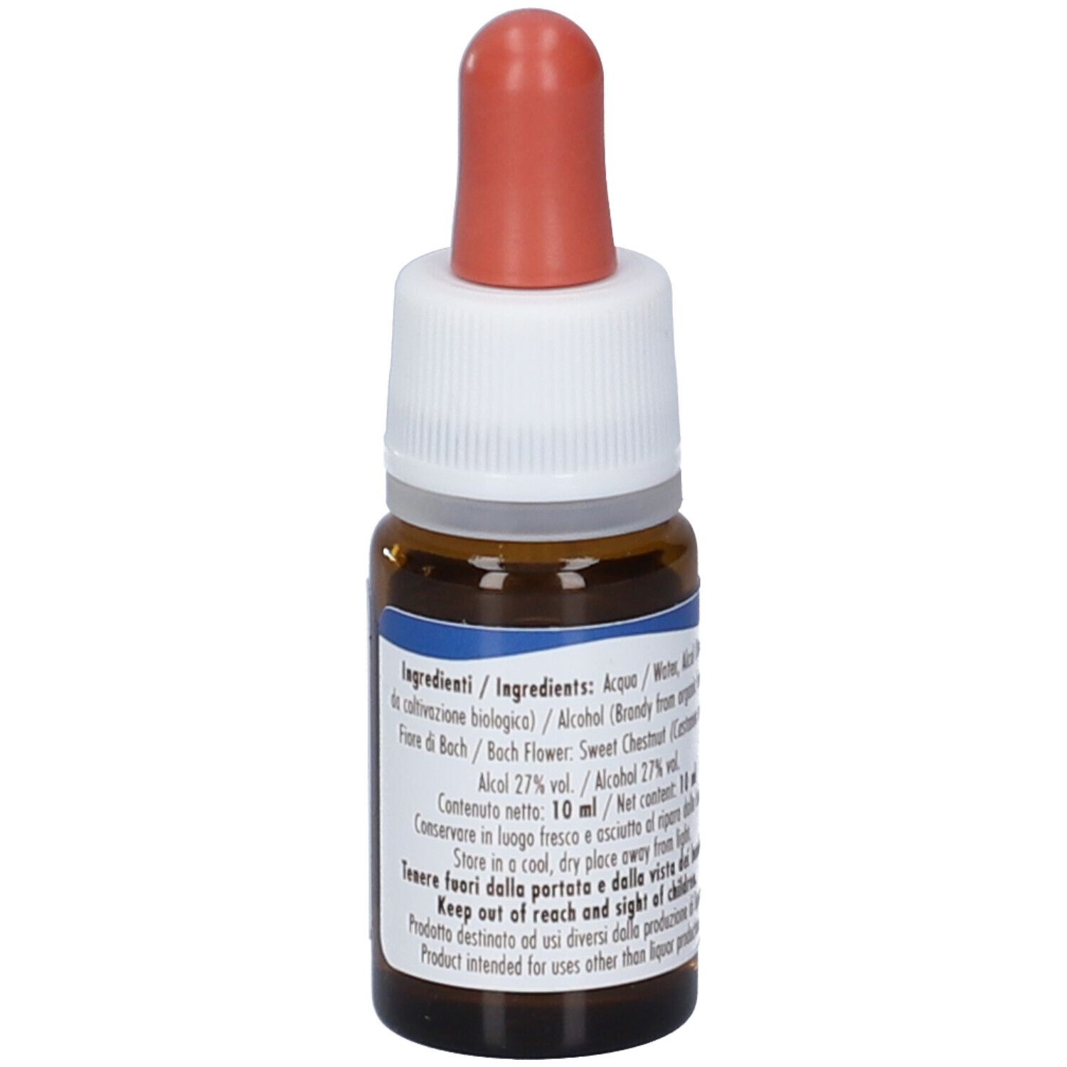 Flacone di vetro marrone con tappo bianco e contagocce rosso. Etichetta con ingredienti e avvertenze. Guna Sweet Chestnut.