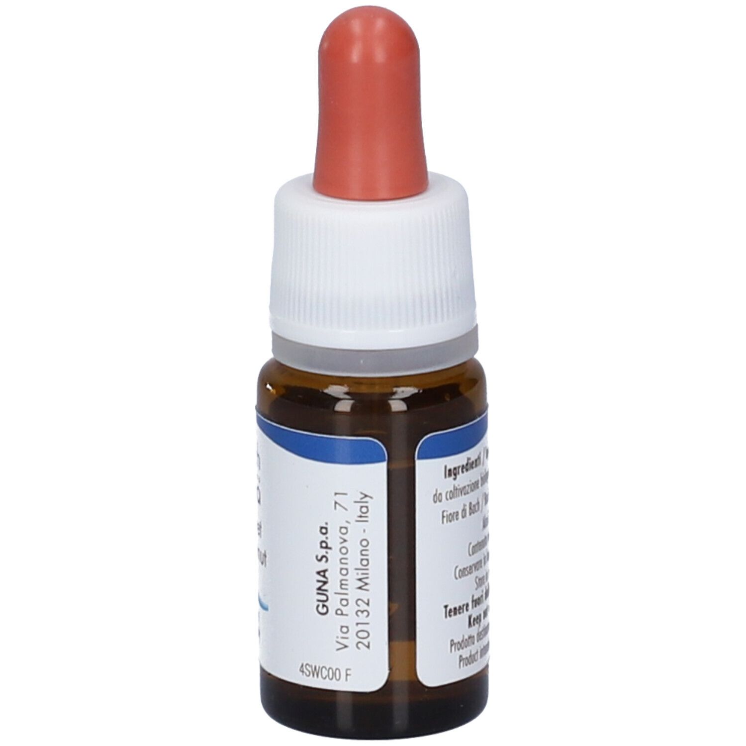 Flacone di vetro marrone con tappo bianco e contagocce rosso. Etichetta con indirizzo aziendale. Guna Sweet Chestnut.