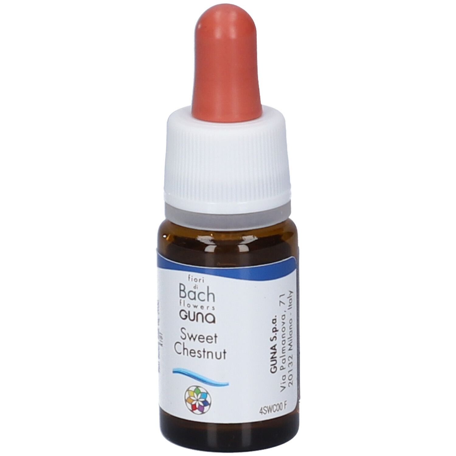 Flacone di vetro marrone con tappo bianco e contagocce rosso. Etichetta con nome del prodotto e logo. Guna Sweet Chestnut.