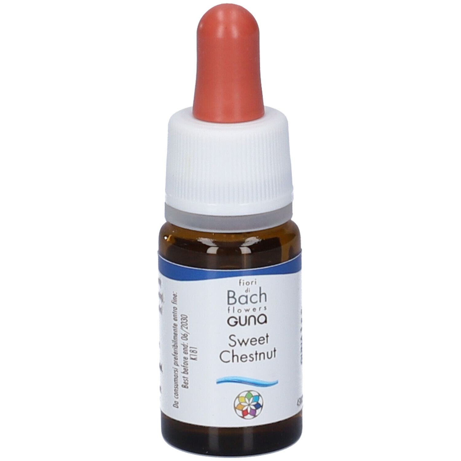 Flacone di vetro marrone con tappo bianco e contagocce rosso. Etichetta con nome del prodotto e logo. Guna Sweet Chestnut.