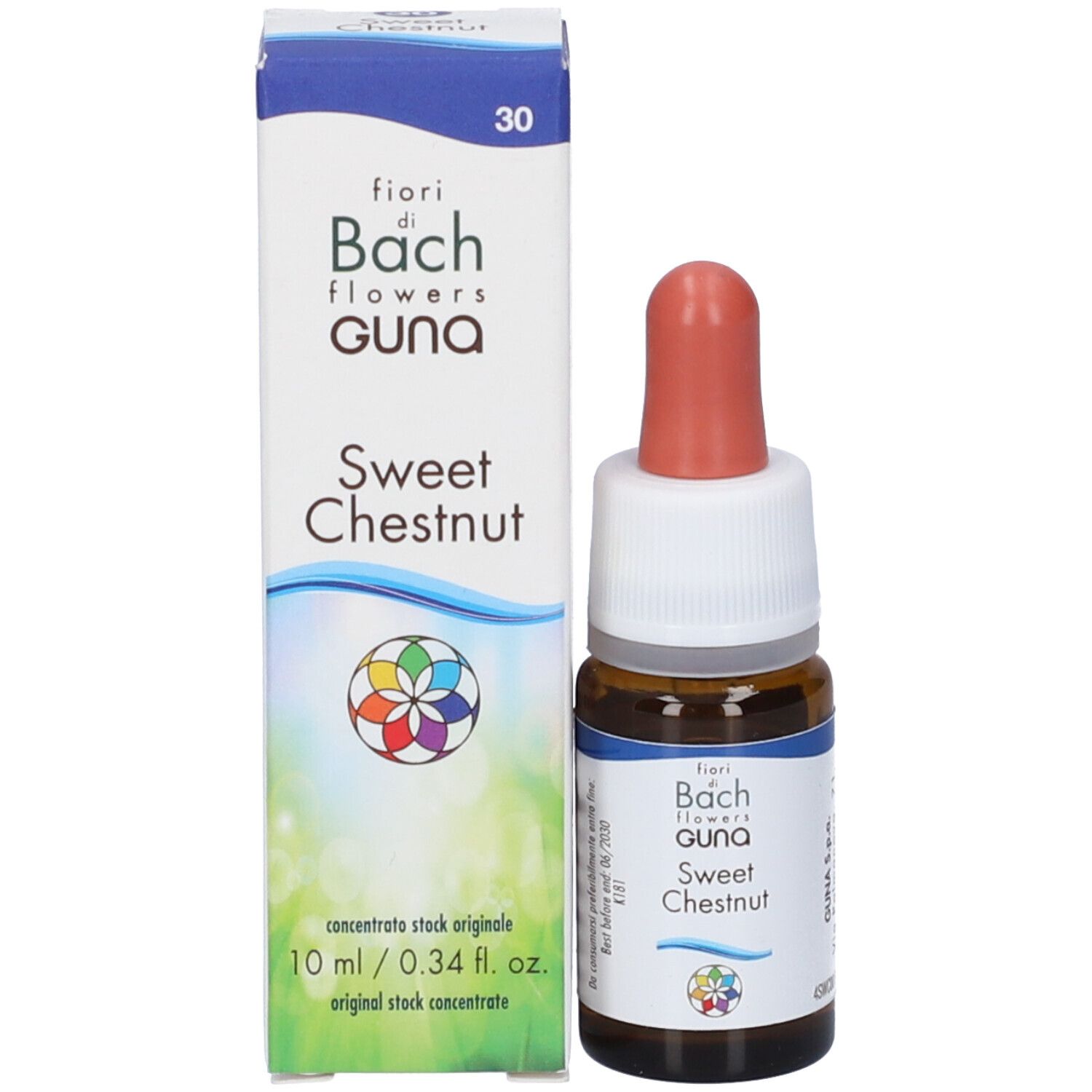 Flacone e confezione del prodotto. Flacone marrone con tappo bianco e contagocce rosso. Scatola con nome e logo del prodotto. Guna Sweet Chestnut.