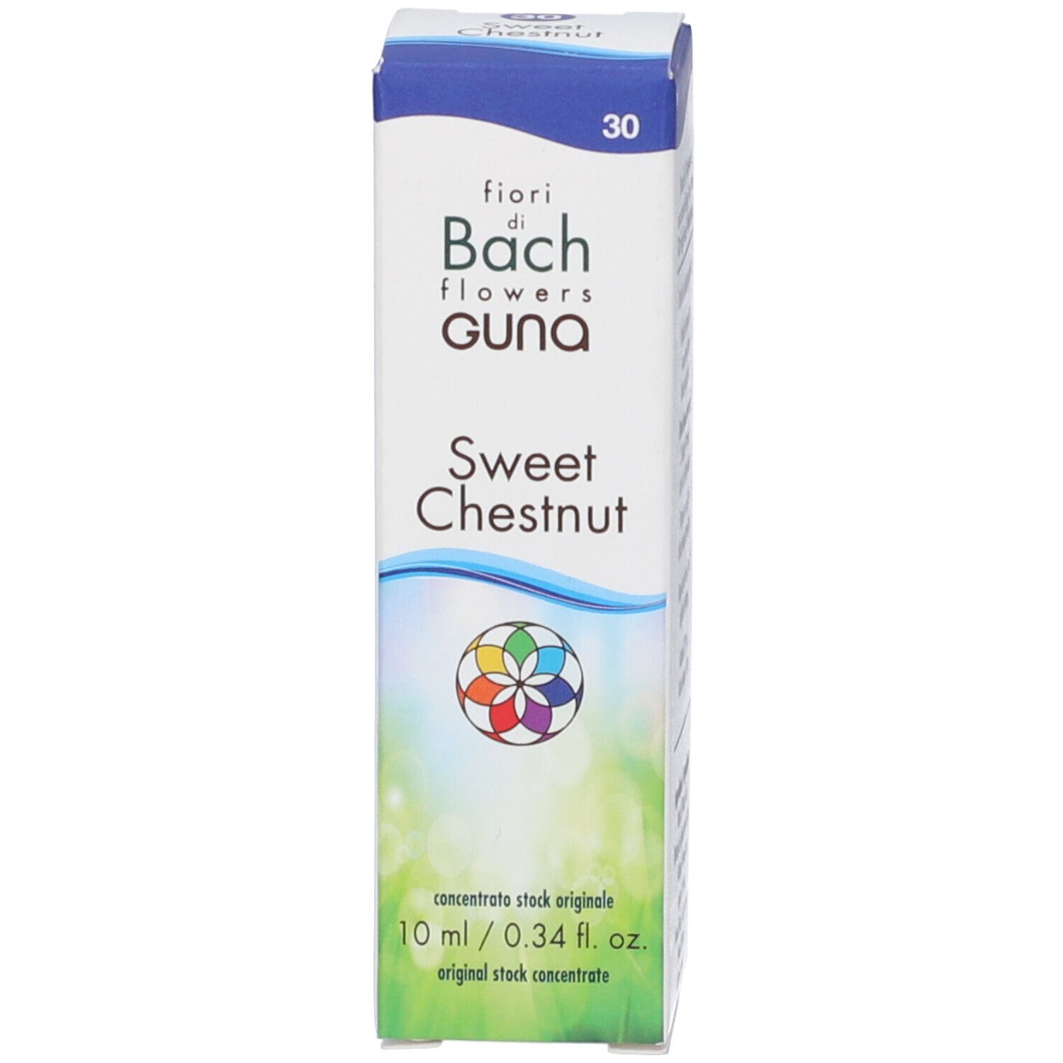 Confezione del prodotto. Scatola con nome e logo del prodotto. Guna Sweet Chestnut. Contiene 10 ml.