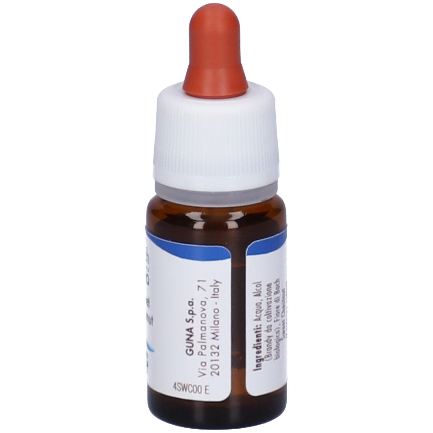 Flacone di vetro marrone con tappo bianco e pipetta rossa. Etichetta con indirizzo del produttore e ingredienti.