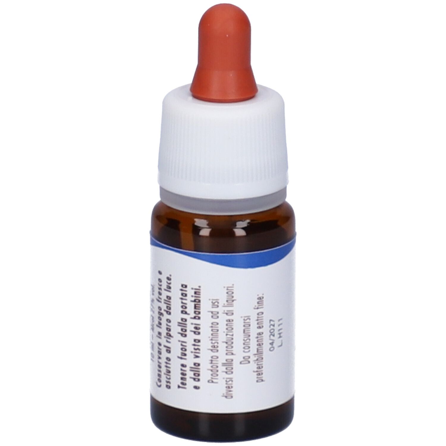 Flacone di vetro marrone con tappo bianco e pipetta rossa. Etichetta con avvertenze e scadenza.
