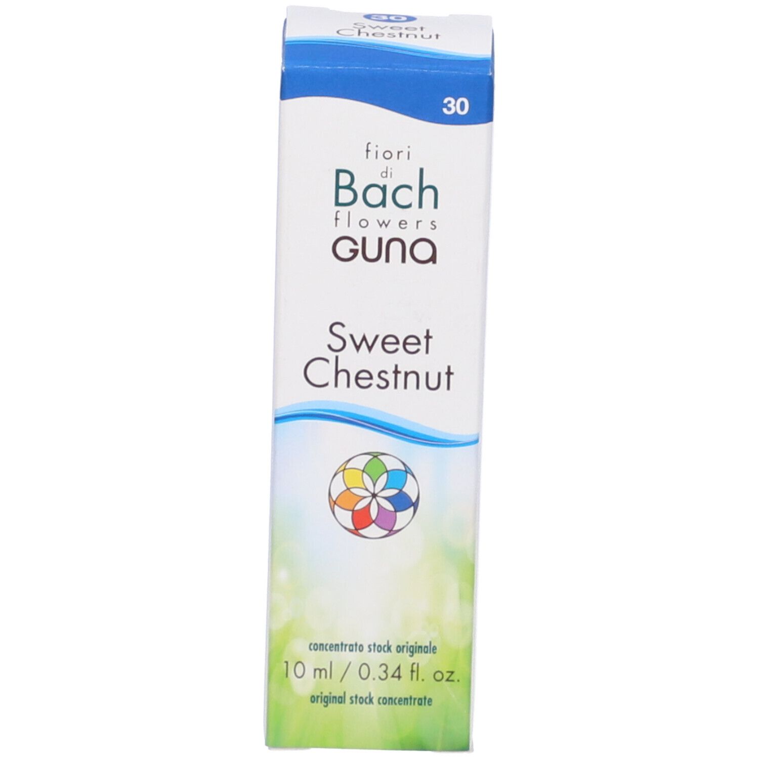 Confezione del prodotto. Scritto: fiori di Bach flowers Guna Sweet Chestnut. 10 ml.