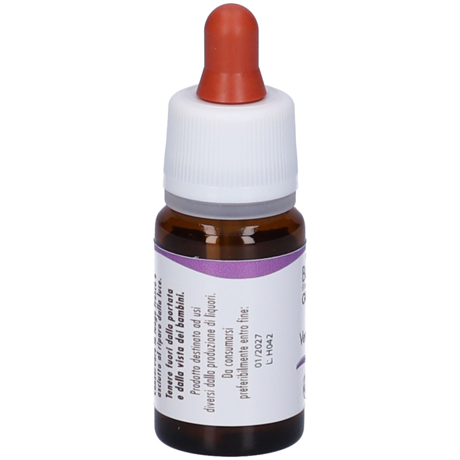 Flacone di vetro marrone con tappo bianco e contagocce rosso. Etichetta con testo. Prodotto: Vervain Guna Gocce.