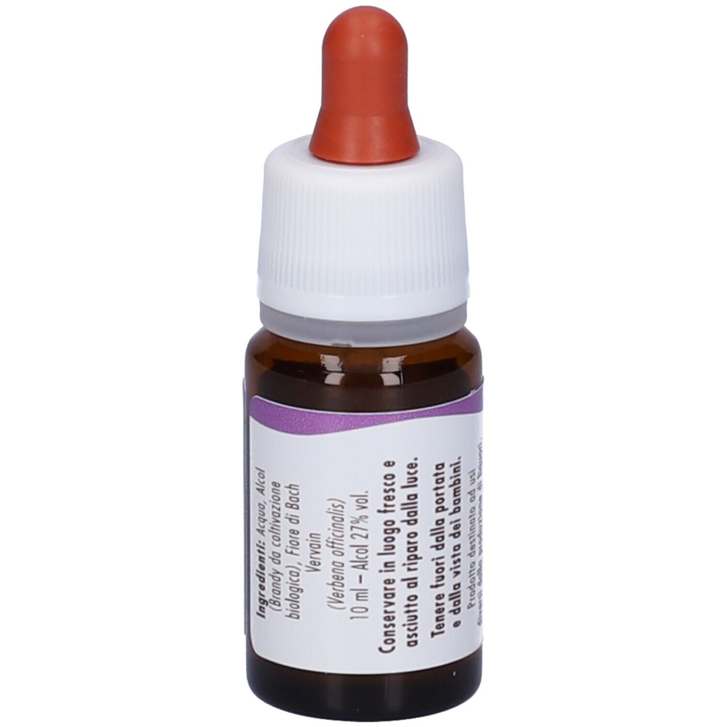 Flacone di vetro marrone con tappo bianco e contagocce rosso. Etichetta con testo. Prodotto: Vervain Guna Gocce.