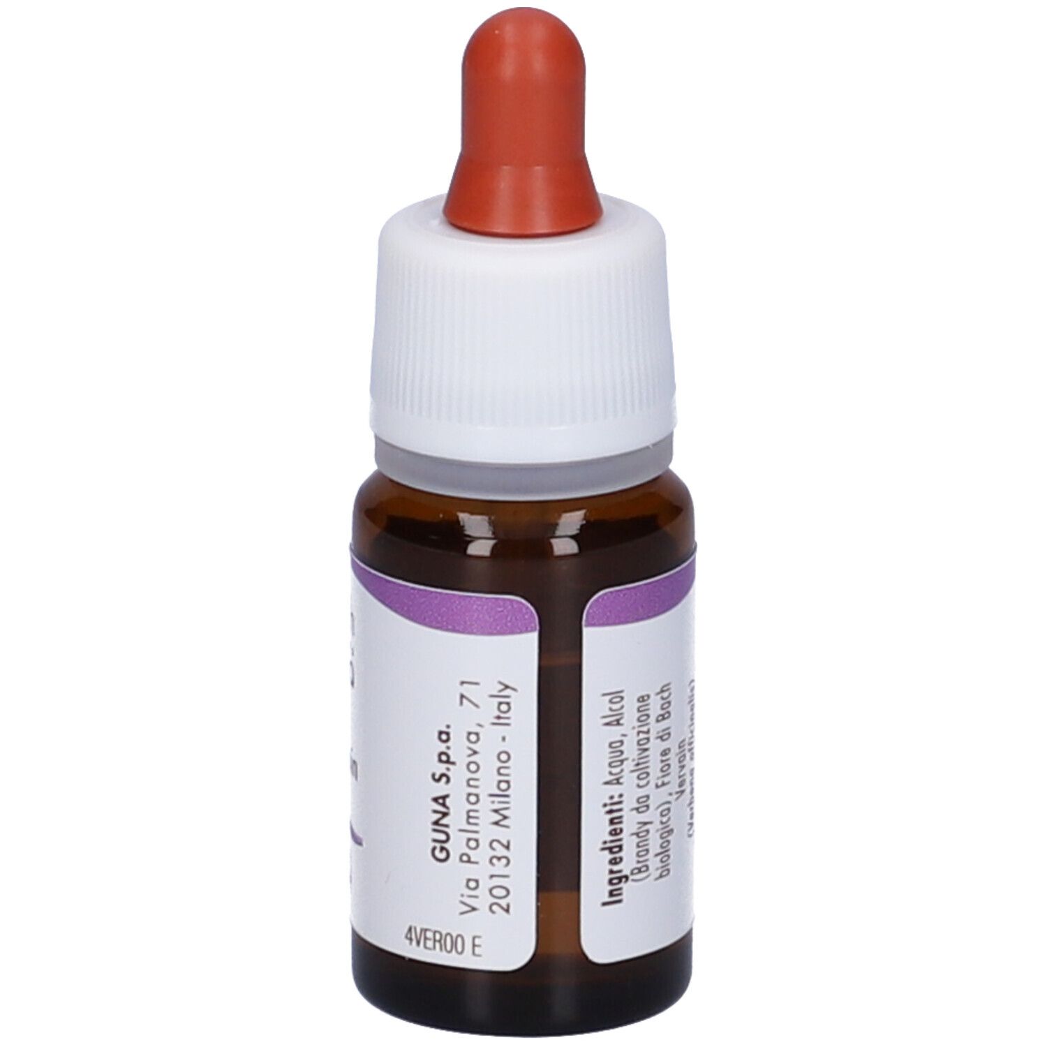 Flacone di vetro marrone con tappo bianco e contagocce rosso. Etichetta con testo. Prodotto: Vervain Guna Gocce.