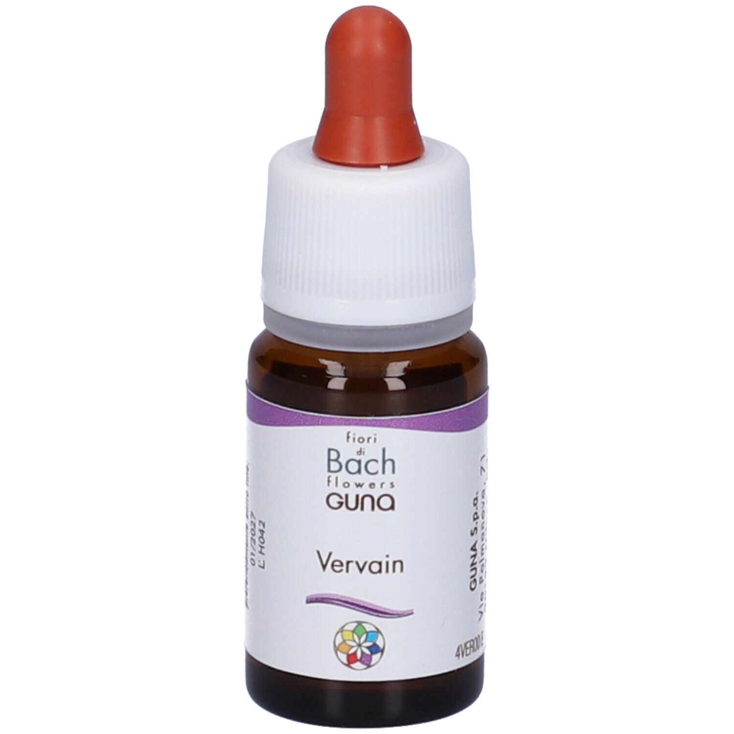 Flacone di vetro marrone con tappo bianco e contagocce rosso. Etichetta con testo. Prodotto: Vervain Guna Gocce.