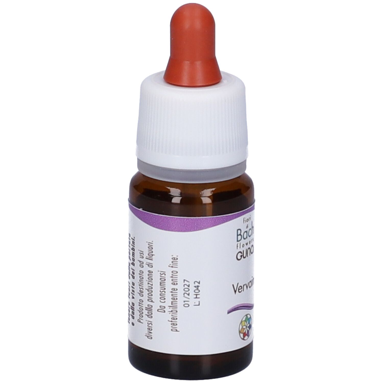 Flacone di vetro marrone con tappo bianco e contagocce rosso. Etichetta con testo. Prodotto: Vervain Guna Gocce.