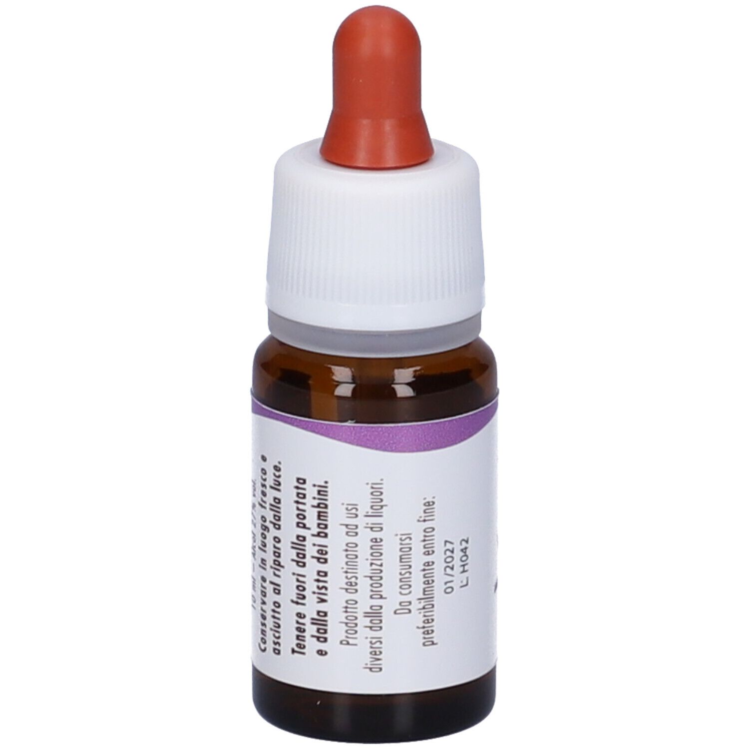 Flacone di vetro marrone con tappo bianco e contagocce rosso. Etichetta con testo. Prodotto: Vervain Guna Gocce.