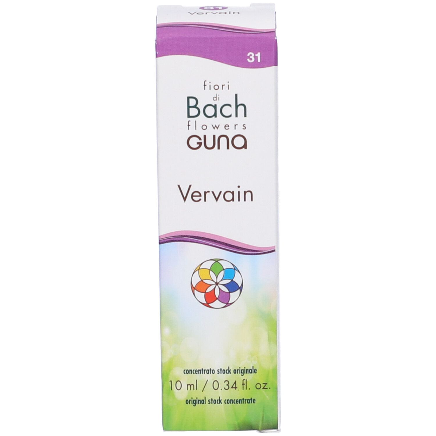 Confezione di Vervain Guna Gocce. Bianca, viola e verde. Testo: fiori di Bach flowers GUNA, Vervain, 10 ml.
