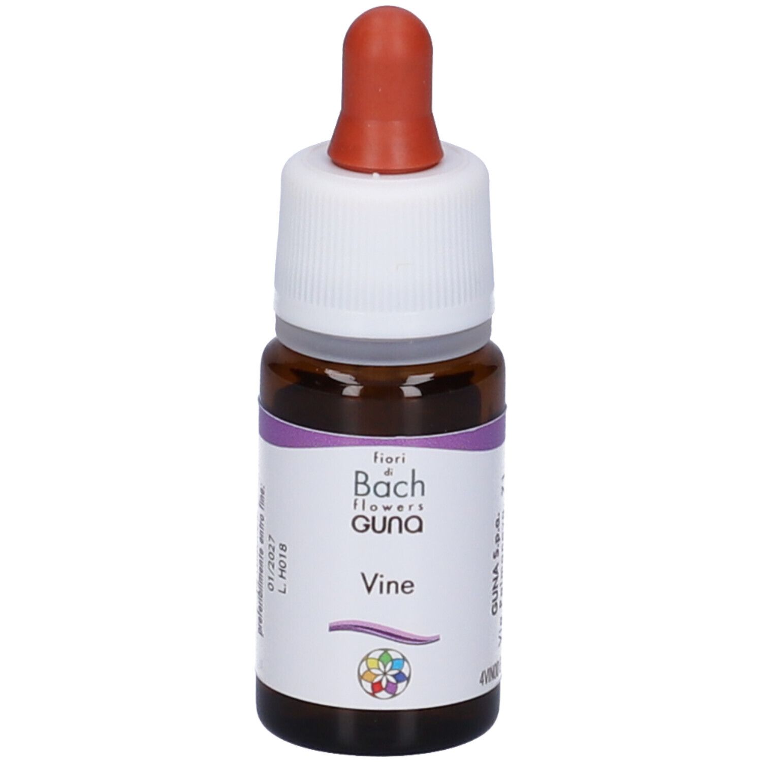 Flacone di vetro marrone con contagocce. Scritta: Vine, fiori di Bach flowers GUNA. Contenuto: 10 ml.