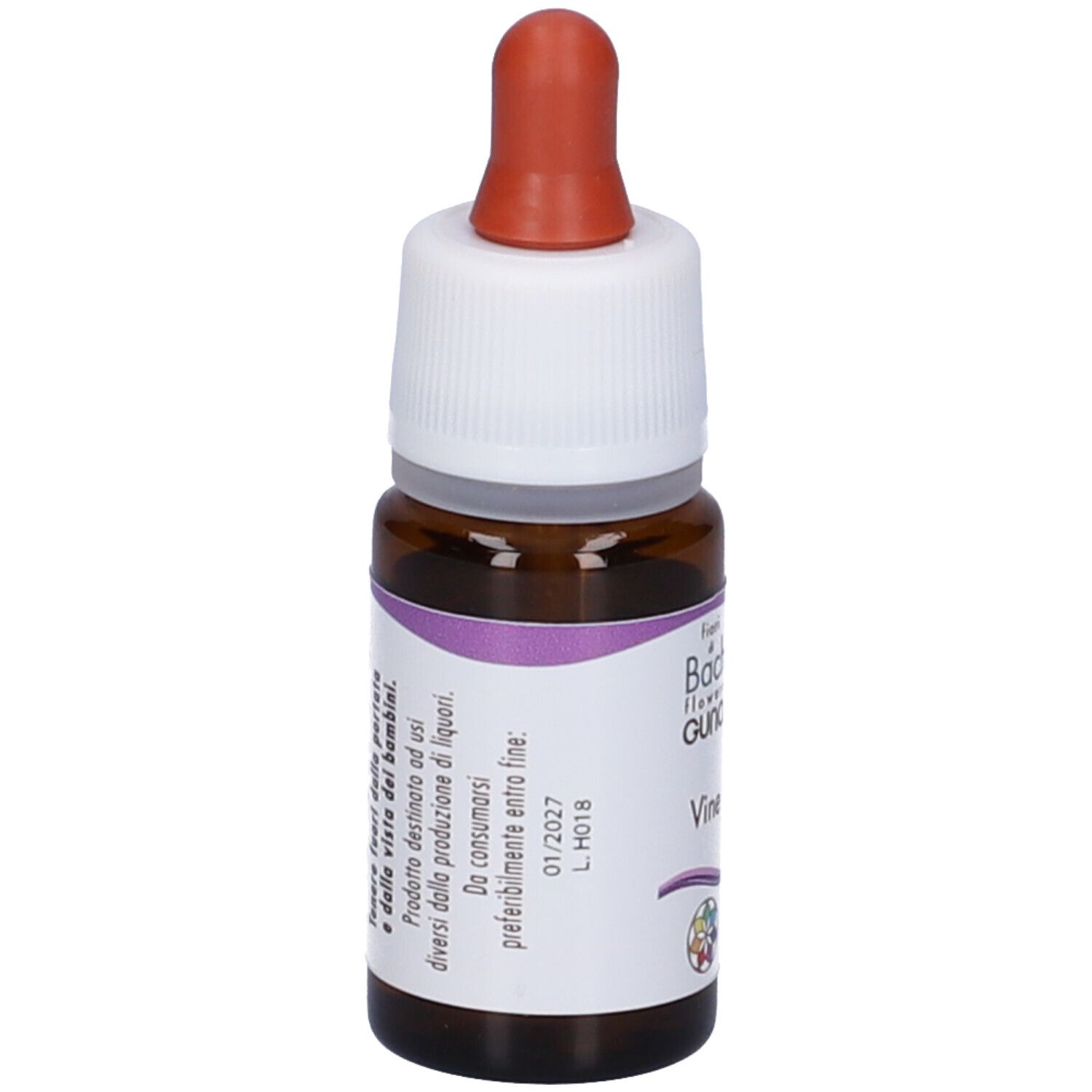 Flacone di vetro marrone con contagocce. Scritta: Vine, fiori di Bach flowers GUNA. Contenuto: 10 ml.
