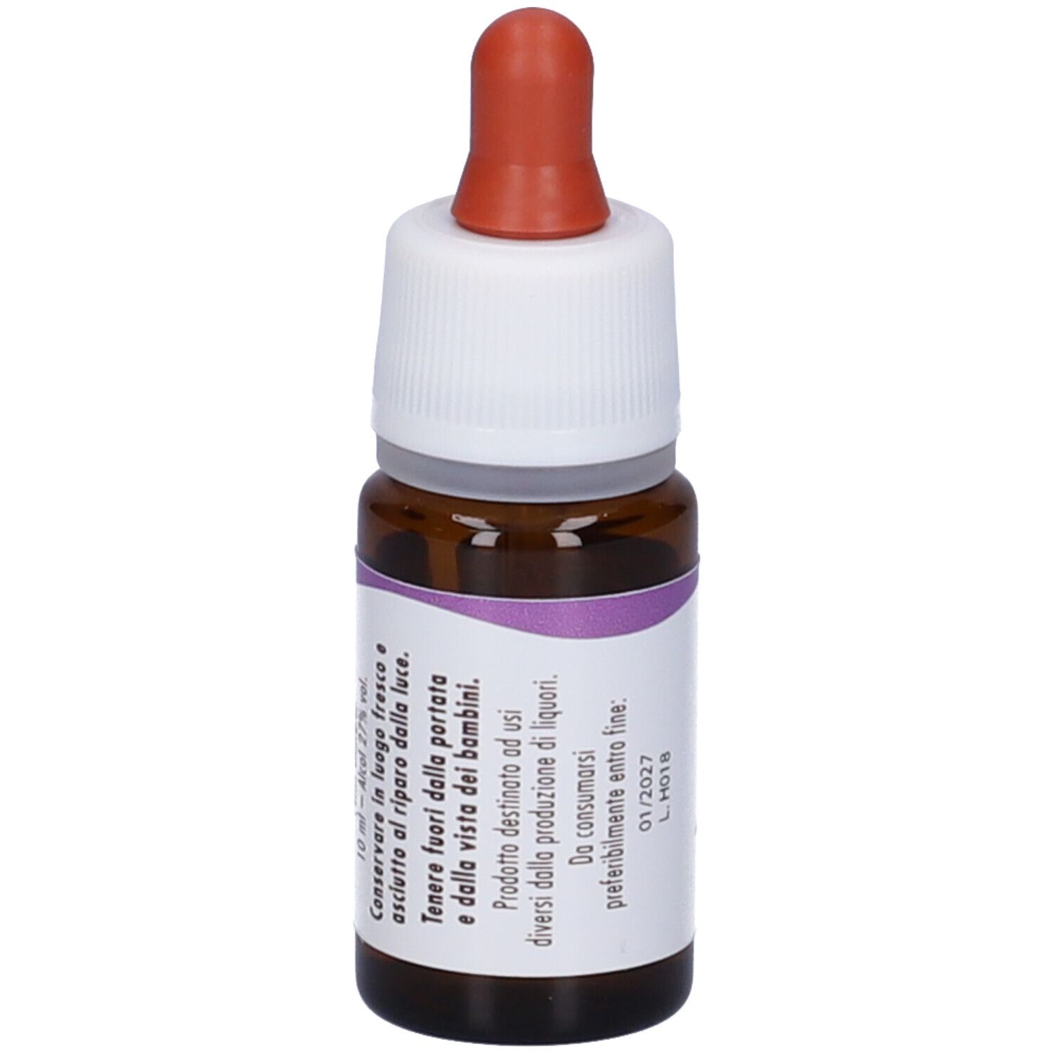 Flacone di vetro marrone con contagocce. Scritta: Vine, fiori di Bach flowers GUNA. Contenuto: 10 ml, 27% vol.
