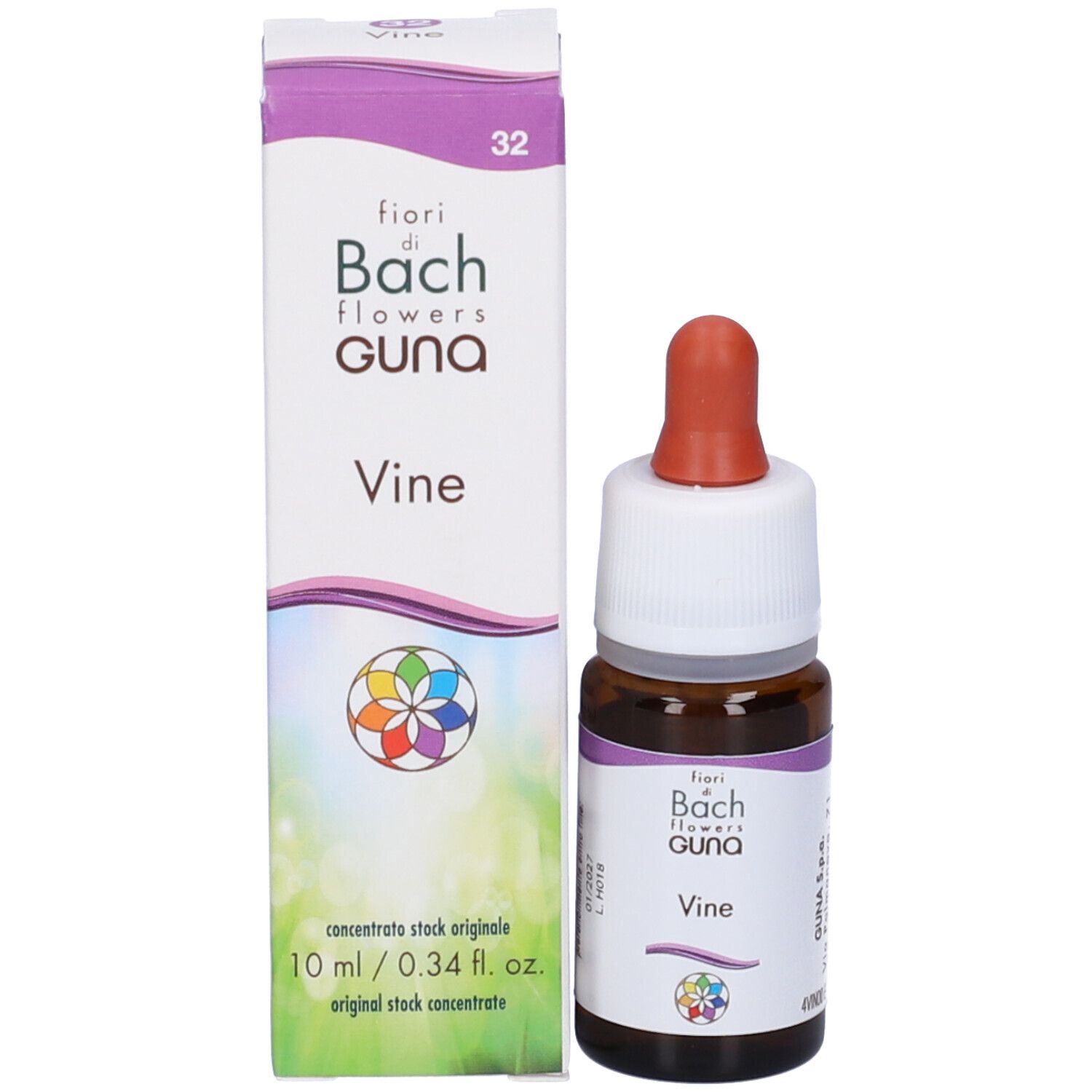 Scatola e flacone Vine Guna Gocce. Scritta: fiori di Bach flowers GUNA, Vine, 10 ml.