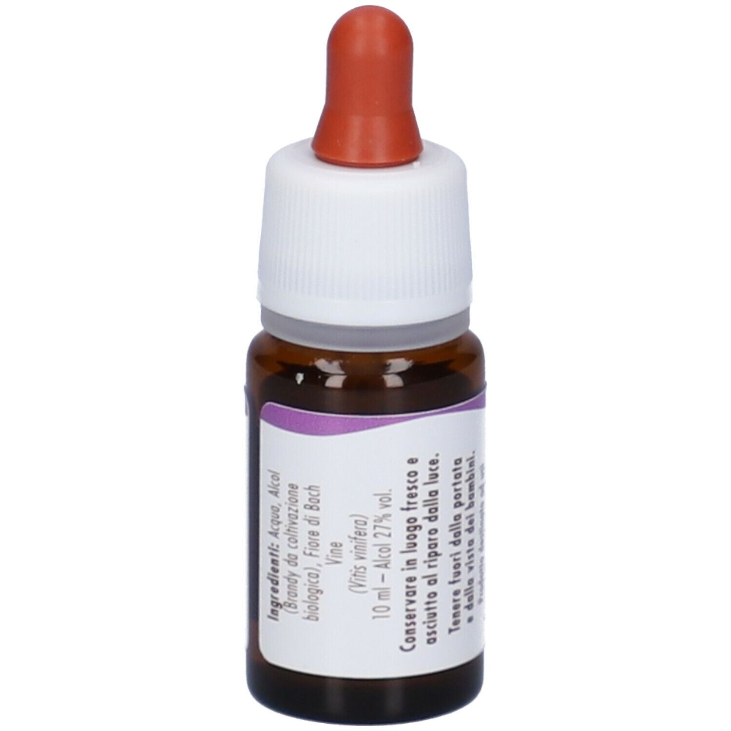 Flacone di vetro marrone con tappo bianco e contagocce rosso. Etichetta con ingredienti e testo. 10 ml.