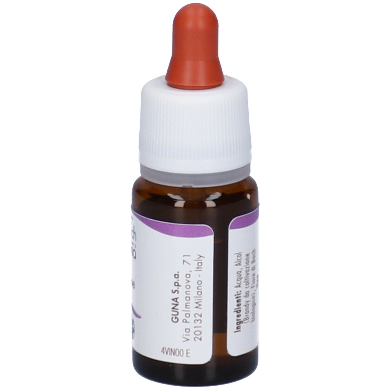 Flacone di vetro marrone con tappo bianco e contagocce rosso. Etichetta con indirizzo aziendale e testo. 10 ml.