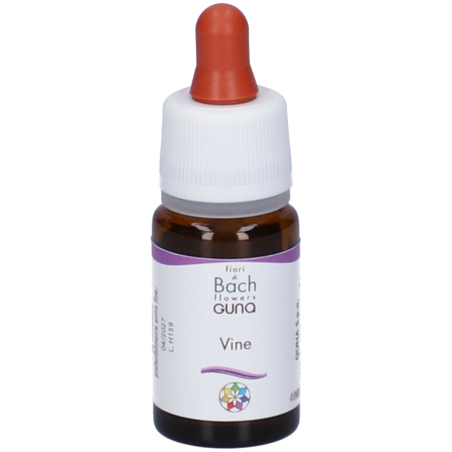 Flacone di vetro marrone con tappo bianco e contagocce rosso. Etichetta con nome del prodotto e logo. 10 ml.