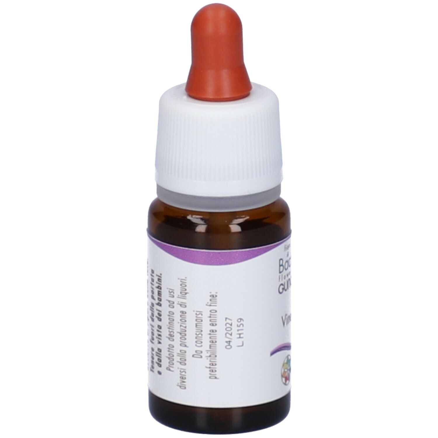 Flacone di vetro marrone con tappo bianco e contagocce rosso. Etichetta con nome del prodotto e testo. 10 ml.