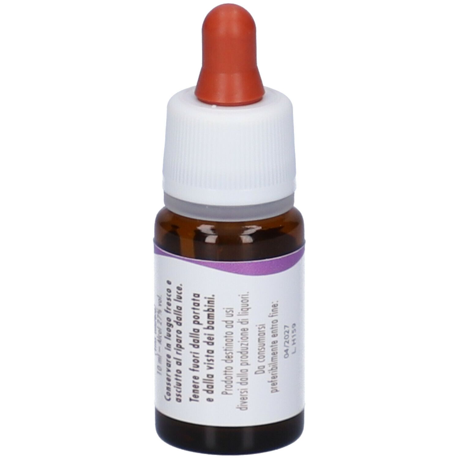 Flacone di vetro marrone con tappo bianco e contagocce rosso. Etichetta con testo e ingredienti. 10 ml.