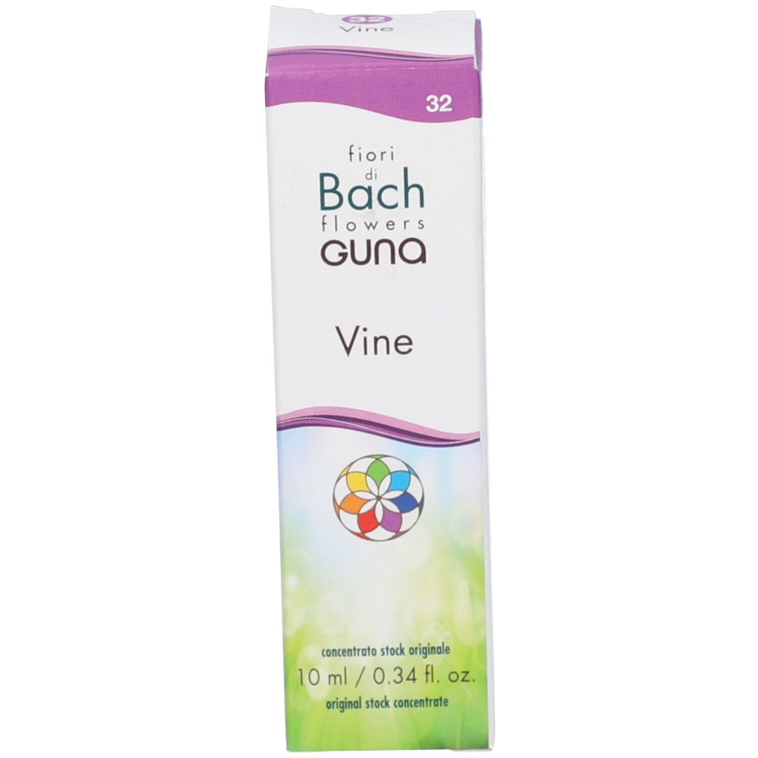 Scatola bianca con accenti viola. Nome del prodotto e logo sul davanti. 10 ml.