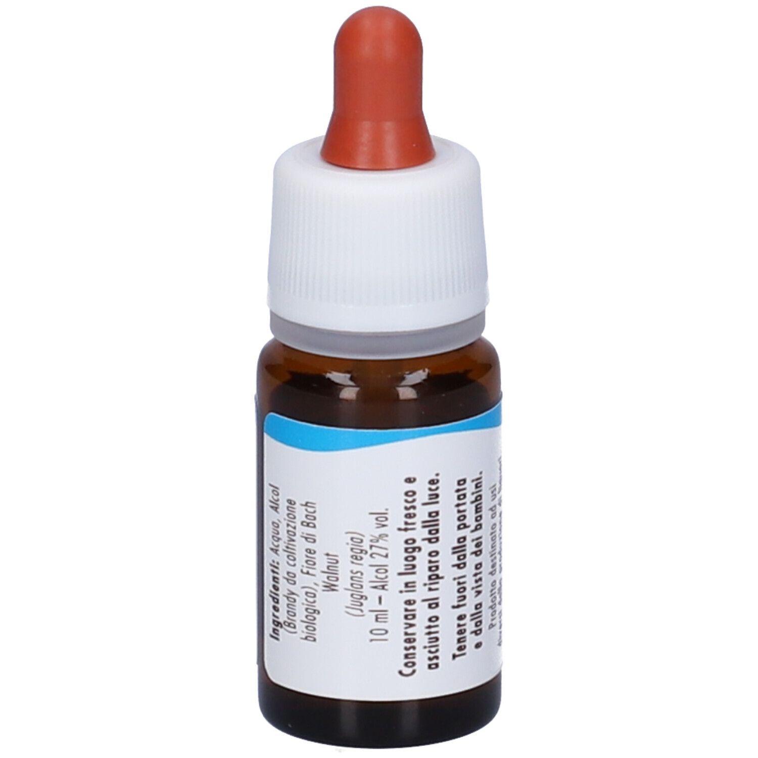 Flacone di vetro marrone con tappo bianco e contagocce rosso. Etichetta con ingredienti e testo.