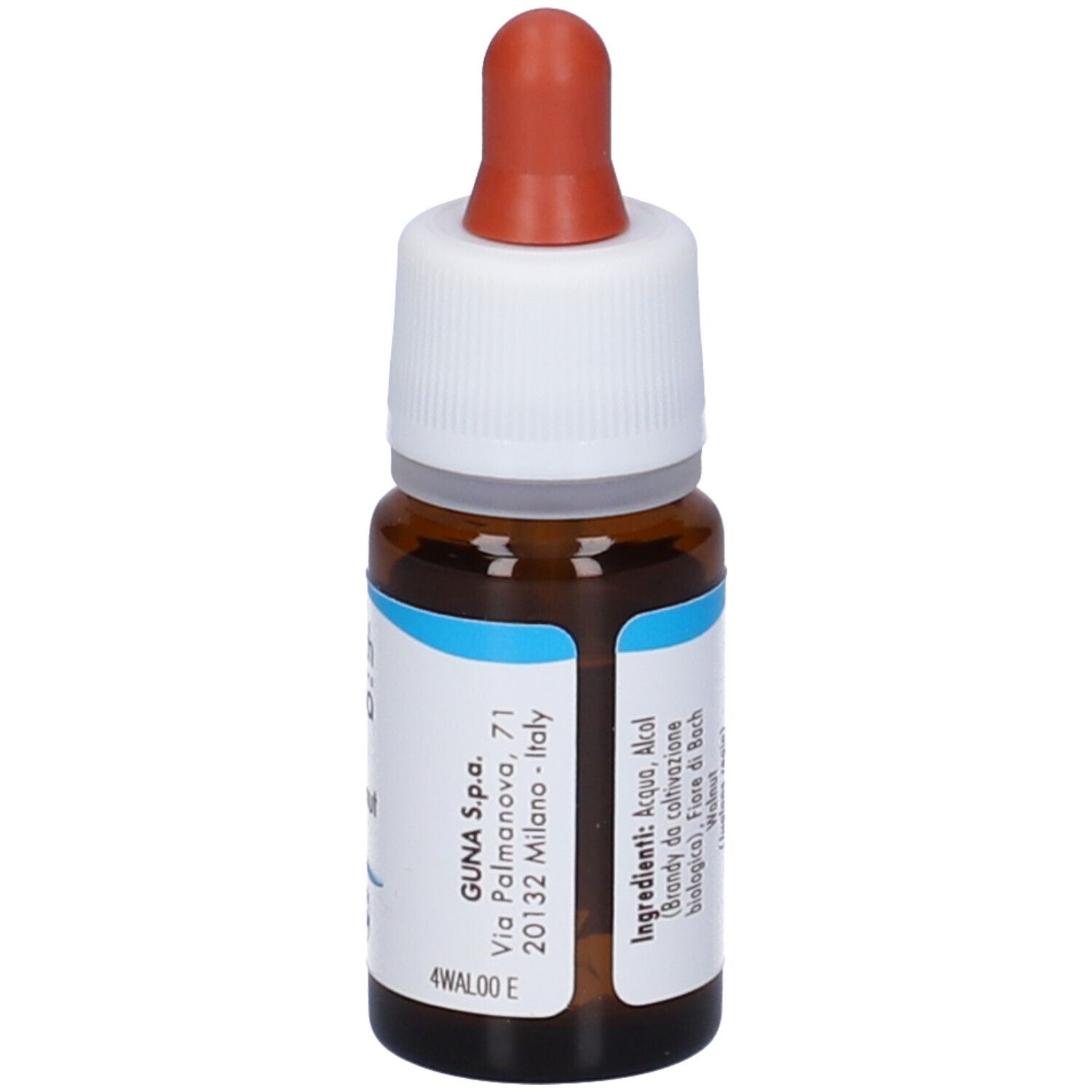 Flacone di vetro marrone con tappo bianco e contagocce rosso. Etichetta con indirizzo e ingredienti.