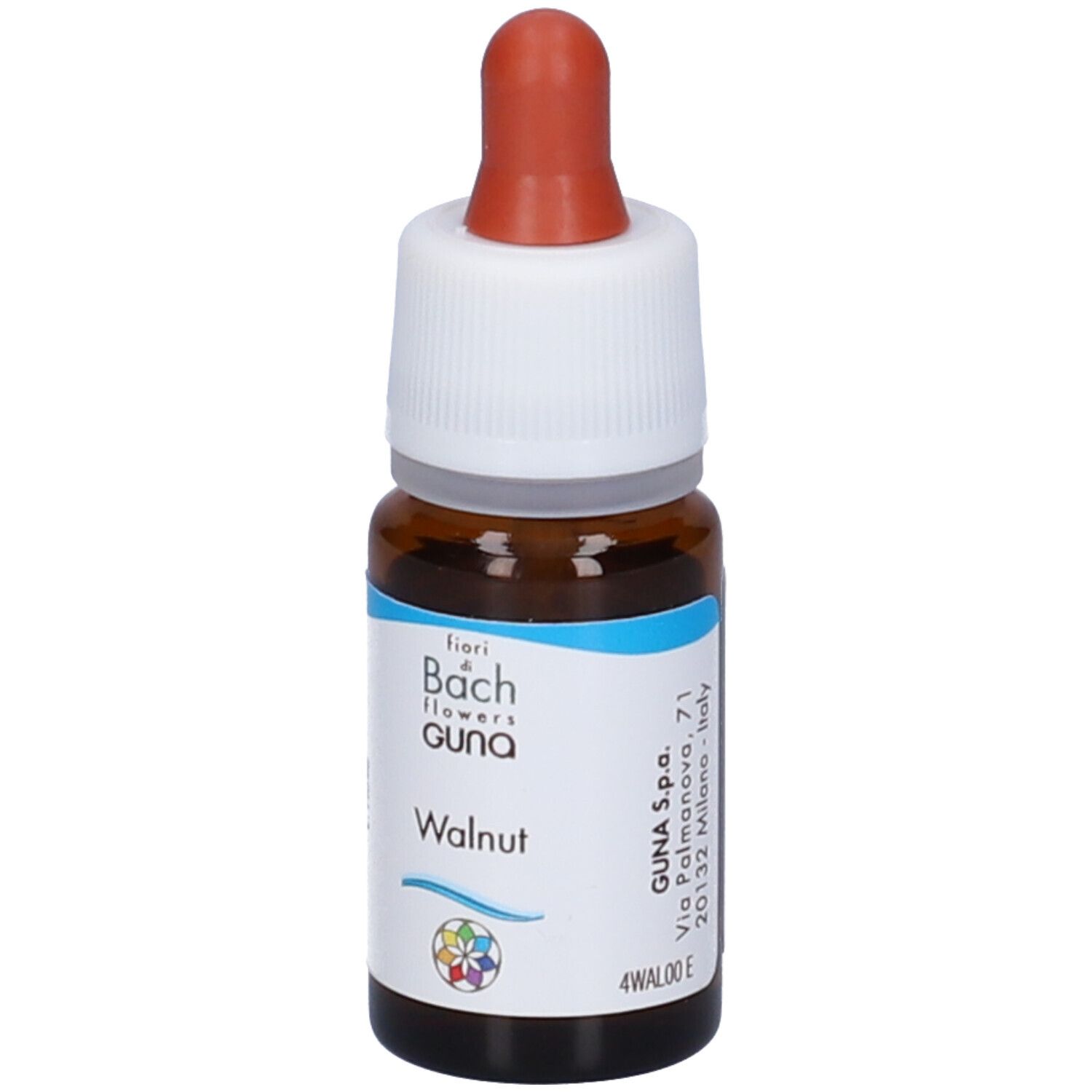 Flacone di vetro marrone con tappo bianco e contagocce rosso. Scritta: GUNA Walnut.