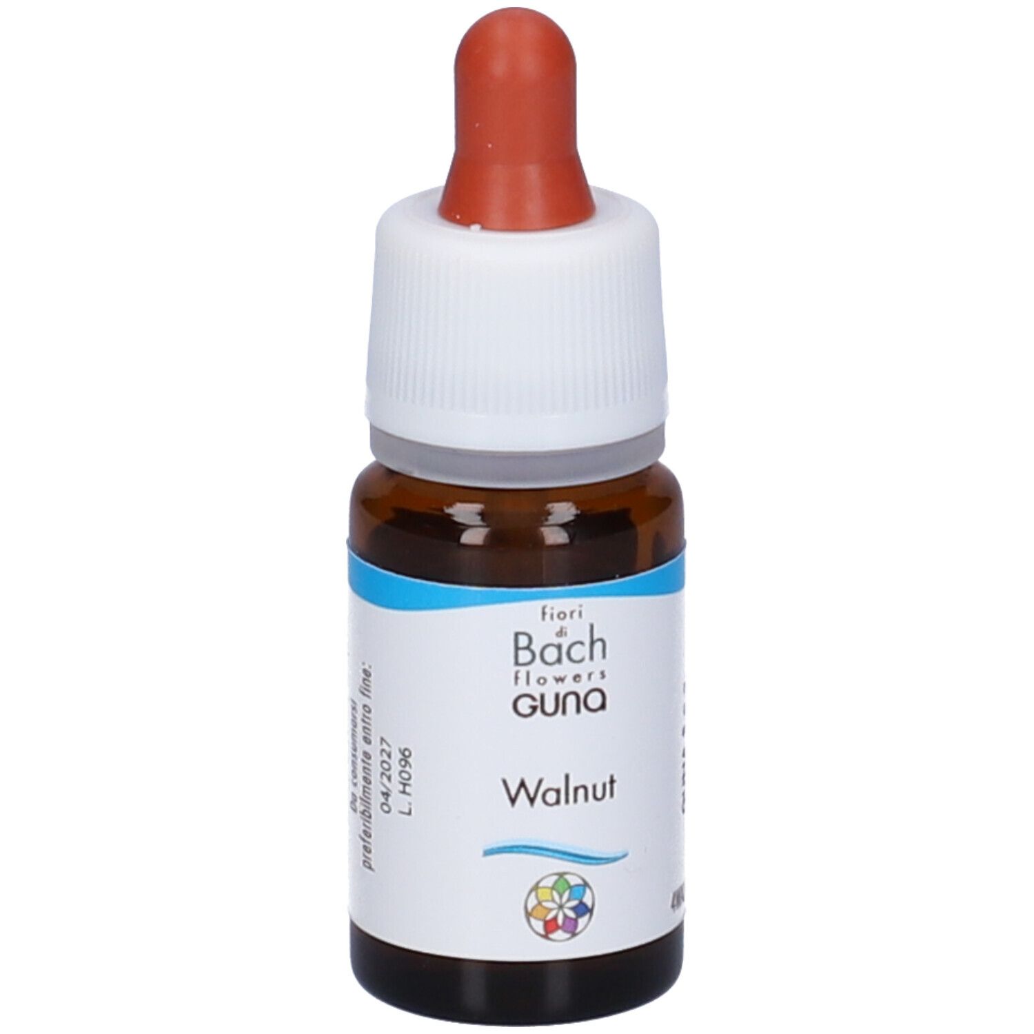 Flacone di vetro marrone con tappo bianco e contagocce rosso. Scritta: GUNA Walnut.