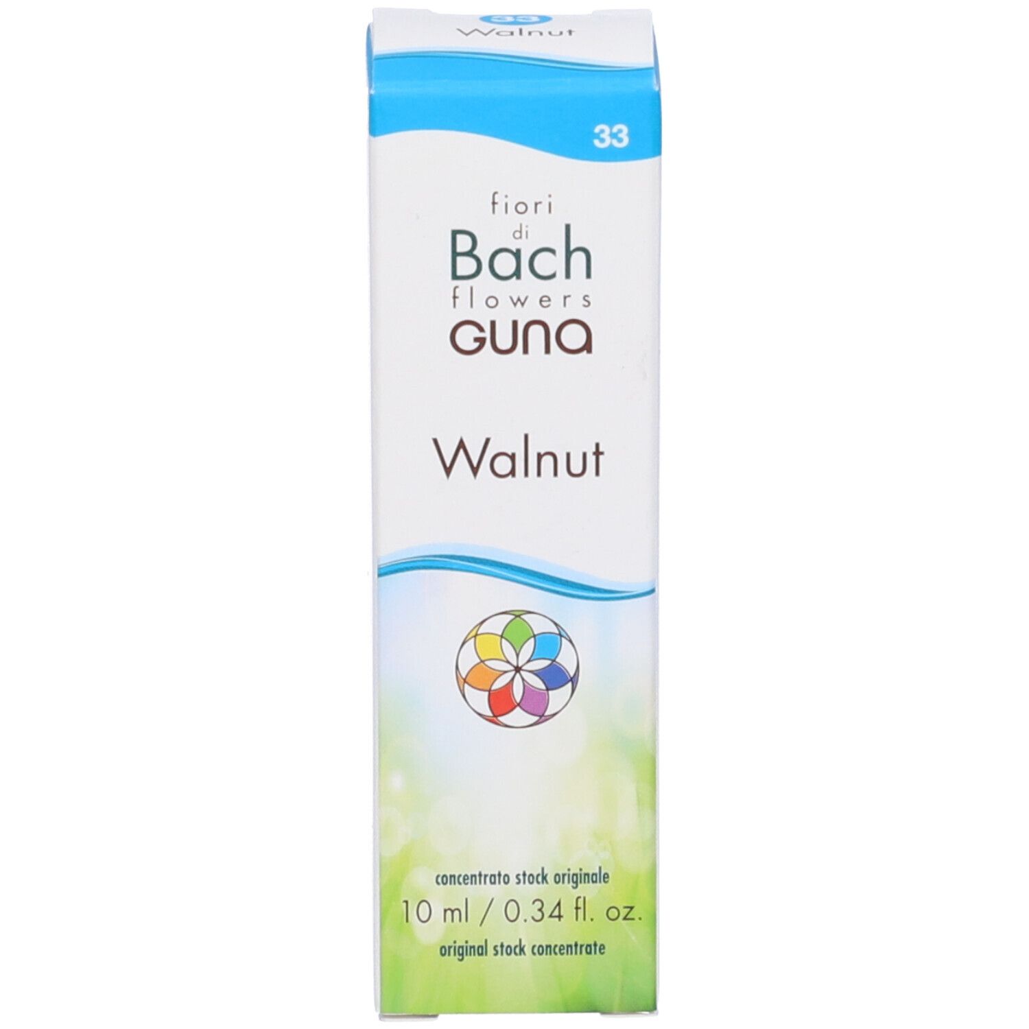Confezione del prodotto. Scatola con scritta: GUNA Walnut. Colori blu e bianco.