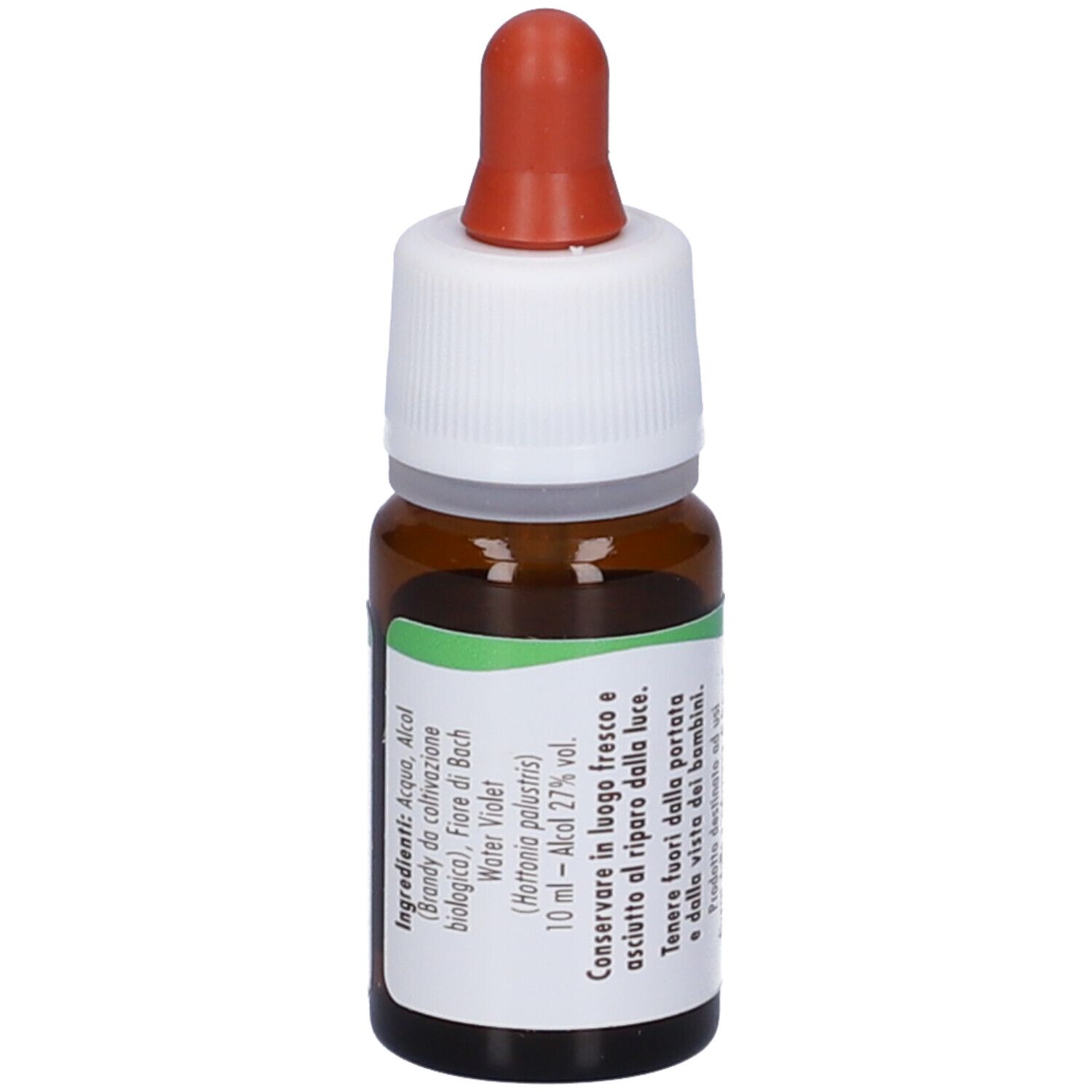 Flacone di vetro marrone con contagocce. Scritte: ingredienti, 10 ml - alcool 27% vol. Con tappo rosso e chiusura bianca.