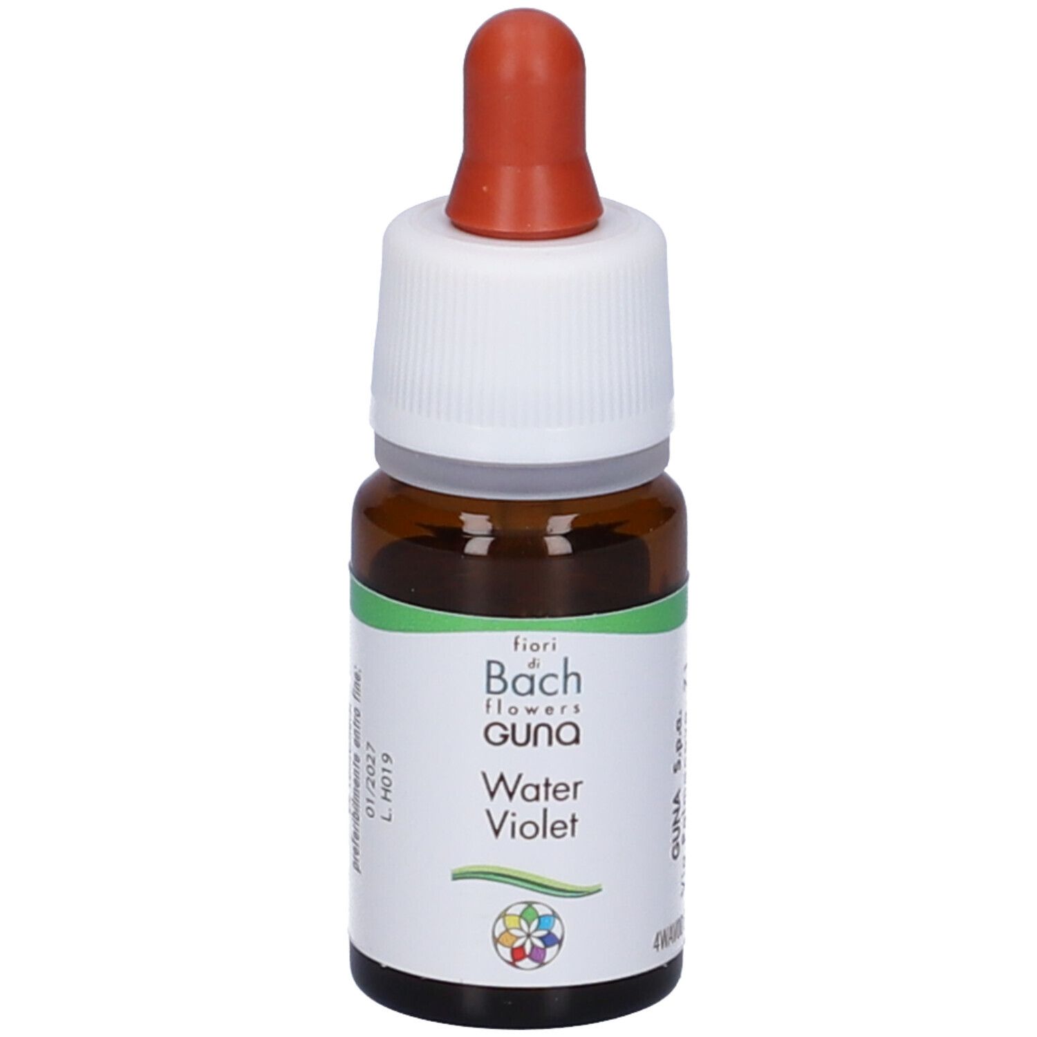 Flacone di vetro marrone con contagocce. Scritto: fiori di Bach, GUNA, Water Violet. Con tappo rosso e chiusura bianca.