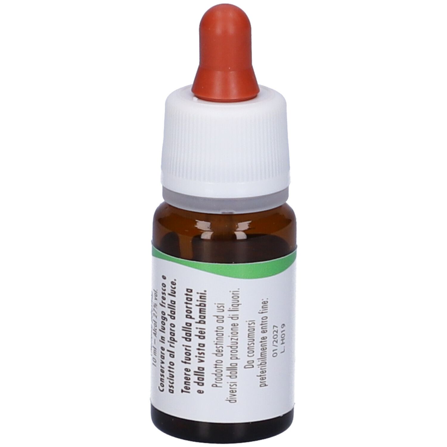 Flacone di vetro marrone con contagocce. Scritto: 10 ml - alcool 27% vol. Con tappo rosso e chiusura bianca.
