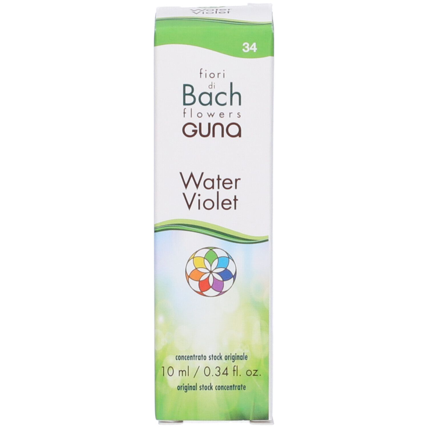 Scatola con etichetta del prodotto. Scritto: Water Violet, fiori di Bach, GUNA. 10 ml/0,34 fl. oz.