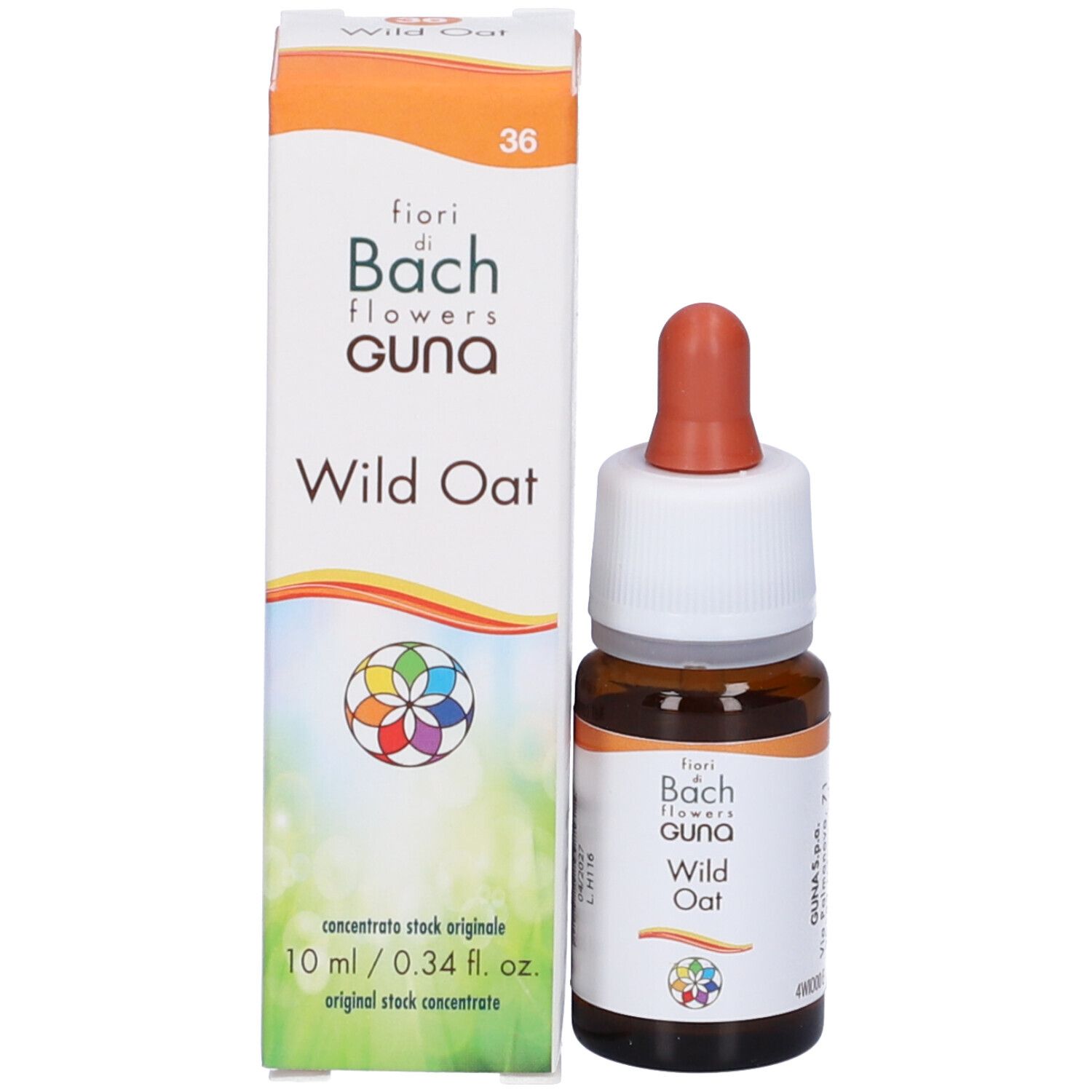 Wild Oat Guna Gocce 10 ml. Bottiglia e scatola. Scatola bianca e arancione con nome e logo.