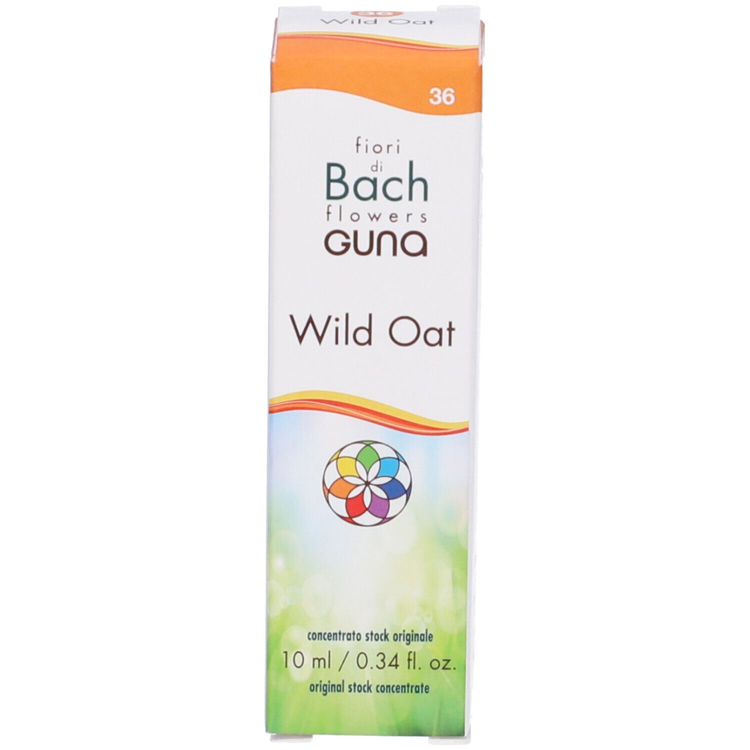 Scatola Wild Oat Guna Gocce 10 ml. Scritta e logo su sfondo bianco e arancione.
