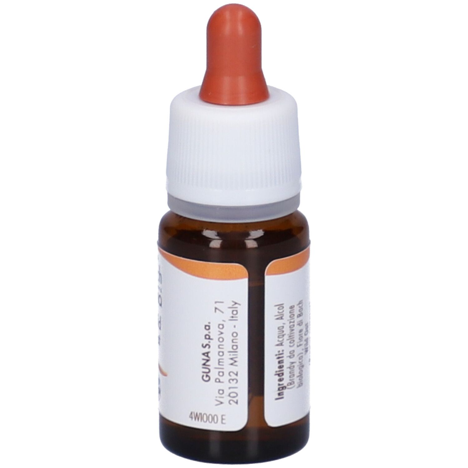 Flacone di vetro marrone con contagocce. Scritta: fiori di Bach, Guna. Contenuto 10 ml.
