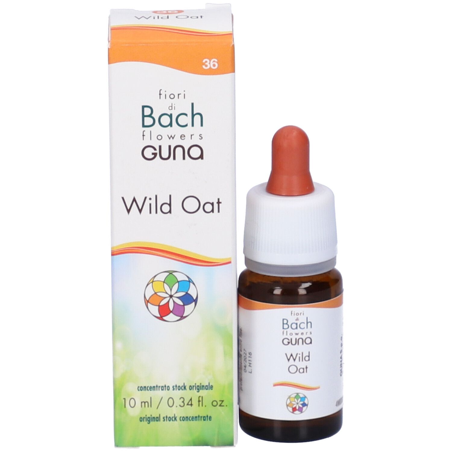 Flacone e confezione del prodotto. Scritta: fiori di Bach, Guna, Wild Oat. Flacone da 10 ml.