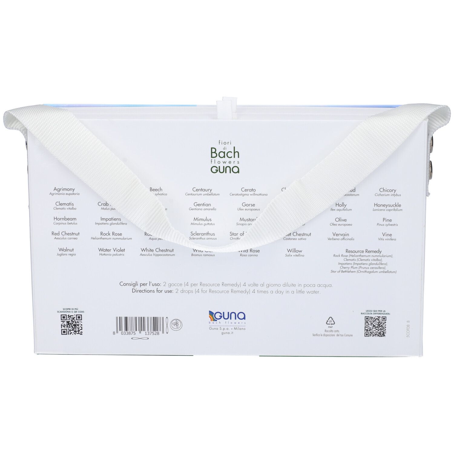 Retro della confezione con testo e logo "Bach flowers guna". Elenco degli ingredienti. Sfondo bianco.