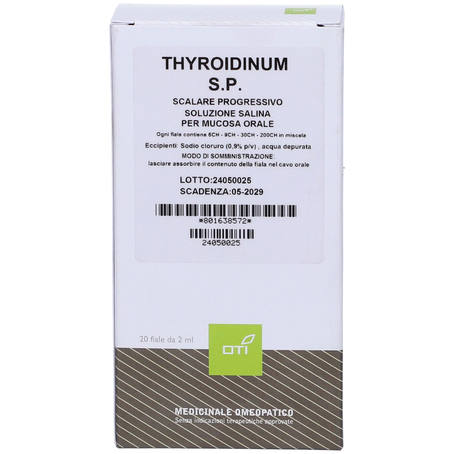 Scatola bianca con informazioni sul prodotto. Scritto: Thyroidinum S.P. Scalare Progressivo. 20 Fiale Fisiologiche 2ml. Logo OTI.