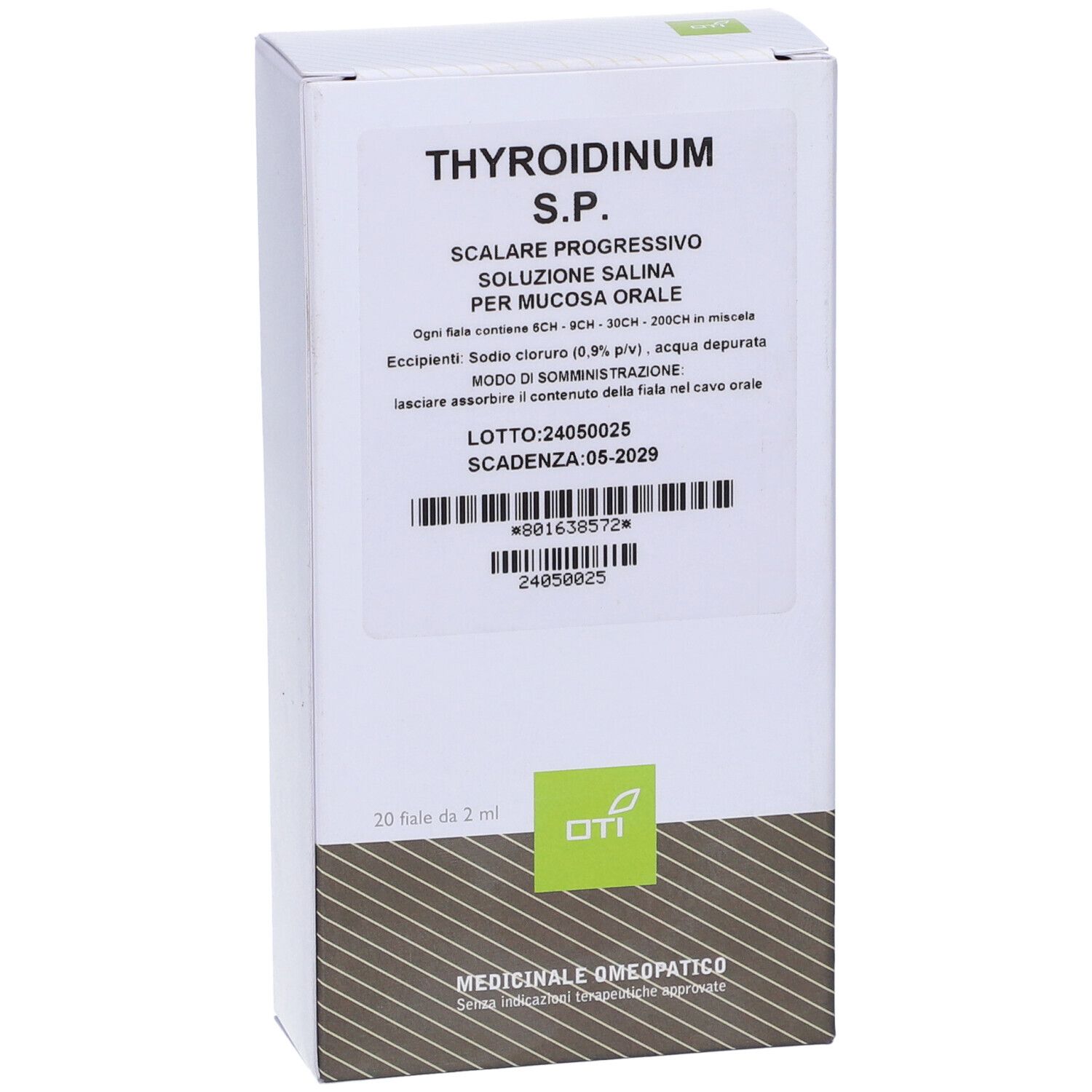Scatola bianca con informazioni sul prodotto. Scritto: Thyroidinum S.P. Scalare Progressivo. 20 Fiale Fisiologiche 2ml. Logo OTI.