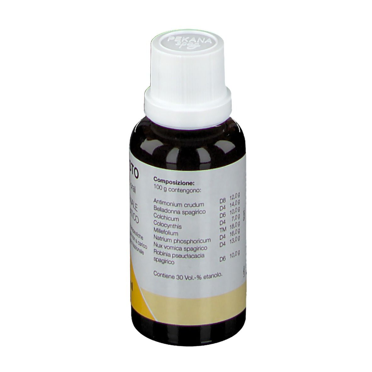Flacone di vetro marrone con tappo bianco. L'etichetta elenca ingredienti e dosaggi. Contiene 30% vol. di etanolo.